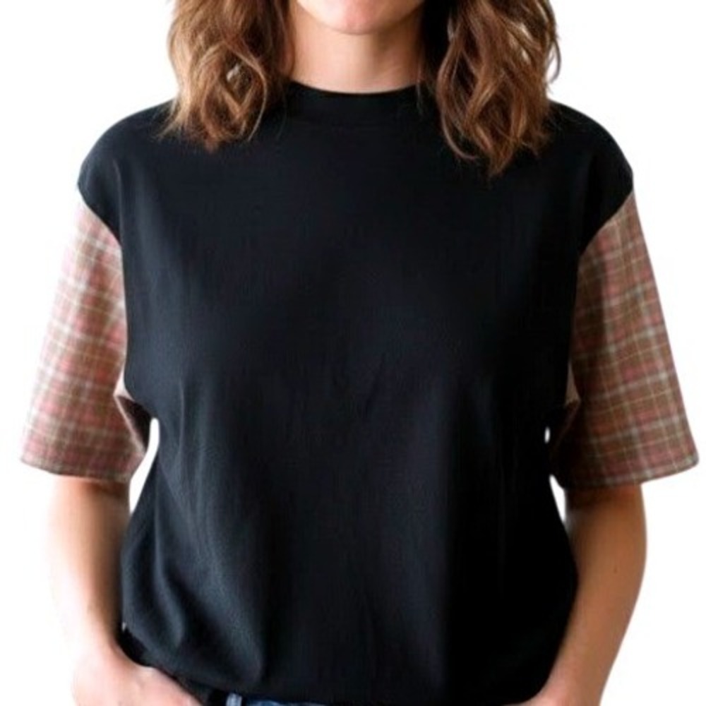 Barbour Black Plaid Mixed Media Short Sleeve Crew Neck Top Women 6